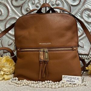 MICHAEL KORS Rhea Slim Leather Backpack Luggage Brown EUC!
